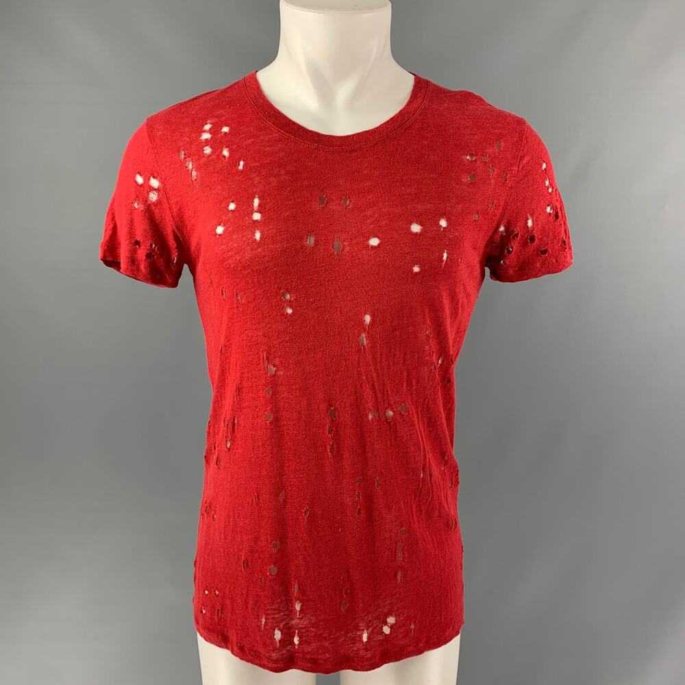 IRO Size XS Burgundy Distressed Linen Crew-Neck T-shirt